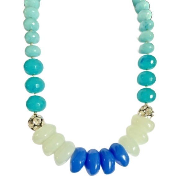 Vintage Graduated Bead Necklace Teal Green White Blue Acrylic Beads Rhinestones - Picture 4 of 16